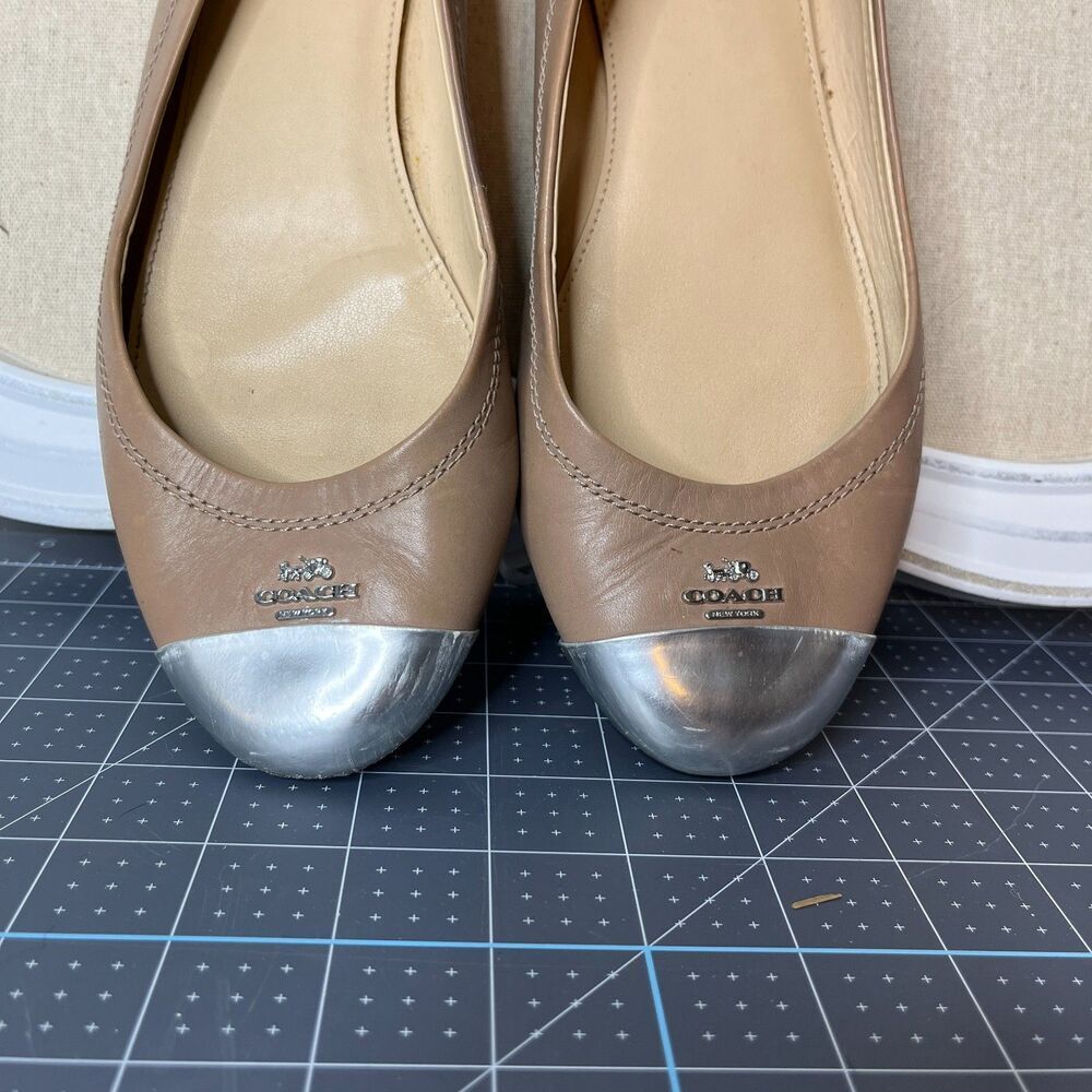 2/$100 Coach New York Chelsea Tan Leather Silver Metallic Cap Toe Flats - Picture 12 of 14